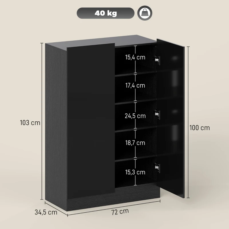 HOMCOM Meuble à chaussures 20 paires armoire à chaussures à haute brillance 5 niveaux étagères réglables 72x34,5x103cm noir