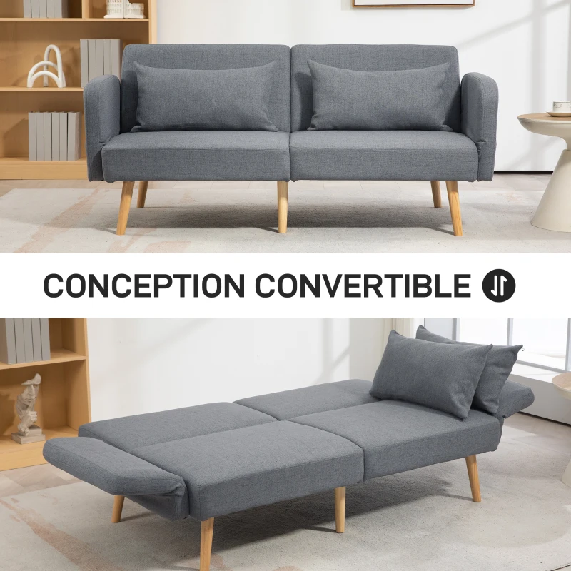 HOMCOM Canapé convertible 3 places design clic clac dossier inclinable et accoudoirs réglables tissu effet lin gris