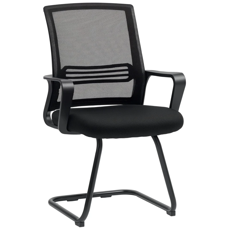 HOMCOM Set de 2 scaune ergonomice pentru birou fără roți, scaune de conferință tapițate cu cadru tip sanie pentru sala de așteptare și recepție, Negru