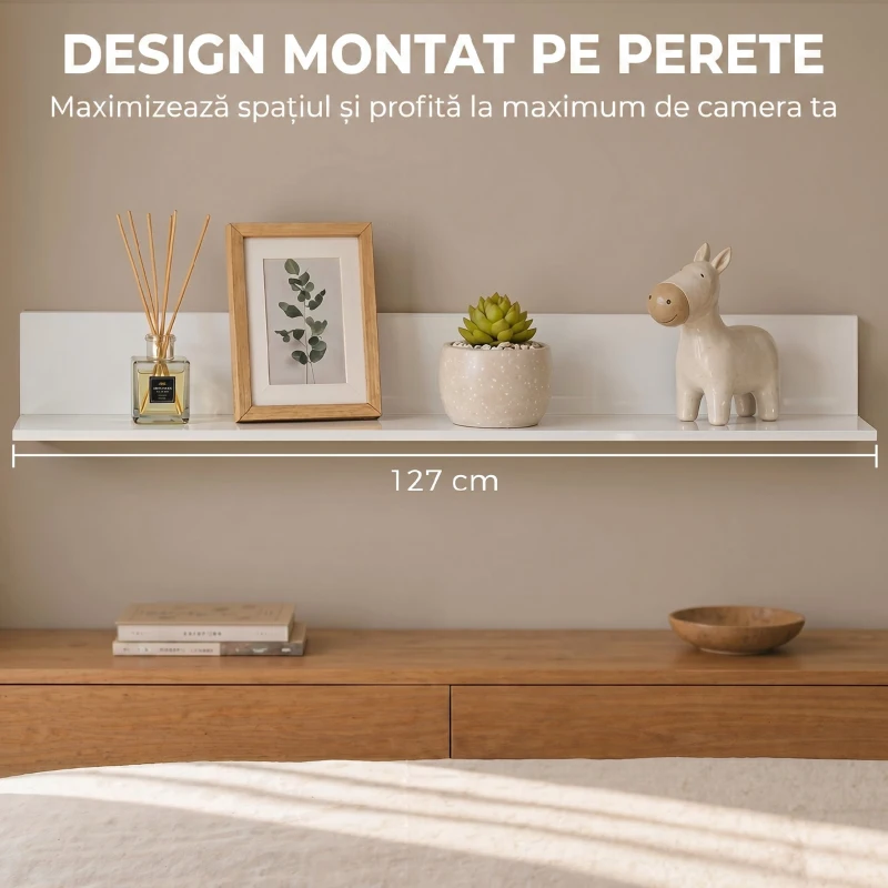 HOMCOM Etajeră de Perete 127 cm cu Finisaj Lucios, din Lemn, Alb Lucios