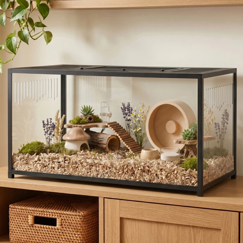 PawHut Cușcă Hamster Habitat Rozătoare Vizibilitate Panoramică 360° Structură Robustă din Metal Spațiu Etanș Adânc 100x50x52,5 cm Negru