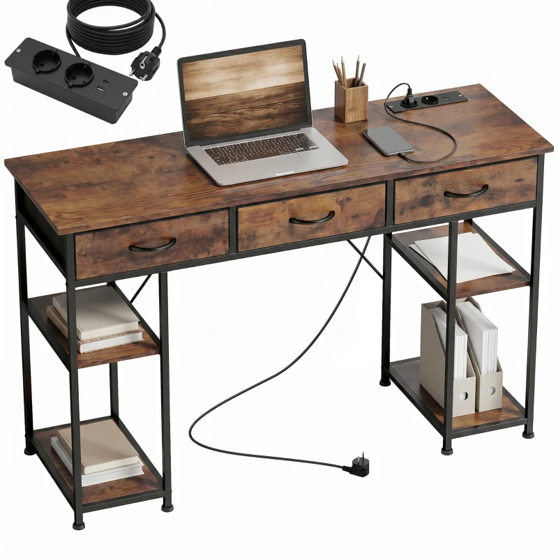 HOMCOM Bureau avec rangement avec prises de courant, 3 tiroirs en tissu et 4 étagères de rangement, 120 x 40 x 76 cm, marron