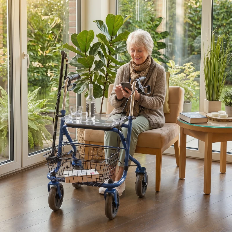 HOMCOM Déambulateur 4 roues pliable, rollator en acier inoxydable, siège rembourré en PU, poignée réglable, bleu