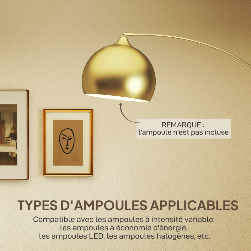 HOMCOM Lampadaire lampe de salon arc réglable pied marbre style vintage 40W E27 dim. 100-115L x 30l x 170-180H cm doré