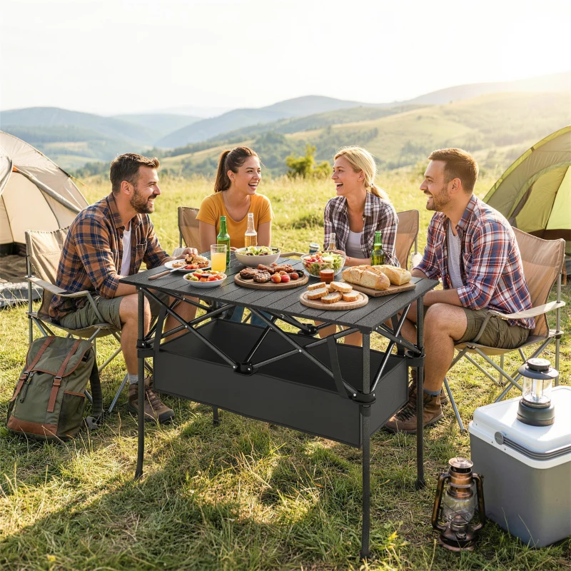 Outsunny Klappbarer Rollbarer Picknicktisch Tragbarer Campingtisch mit Netzablage und Tragetasche für den Außenbereich, Schwarz