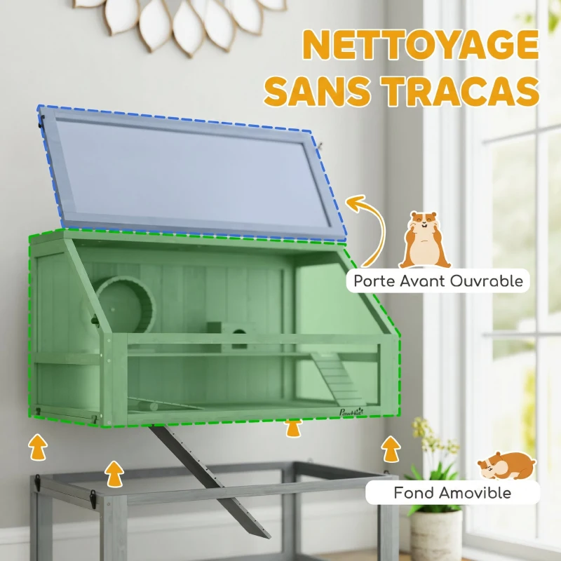 PawHut Cage Hamster Rongeur à 3 Niveaux, Base Amovible Profonde, Cabane, Balançoire, 80x50x76cm Gris Clair