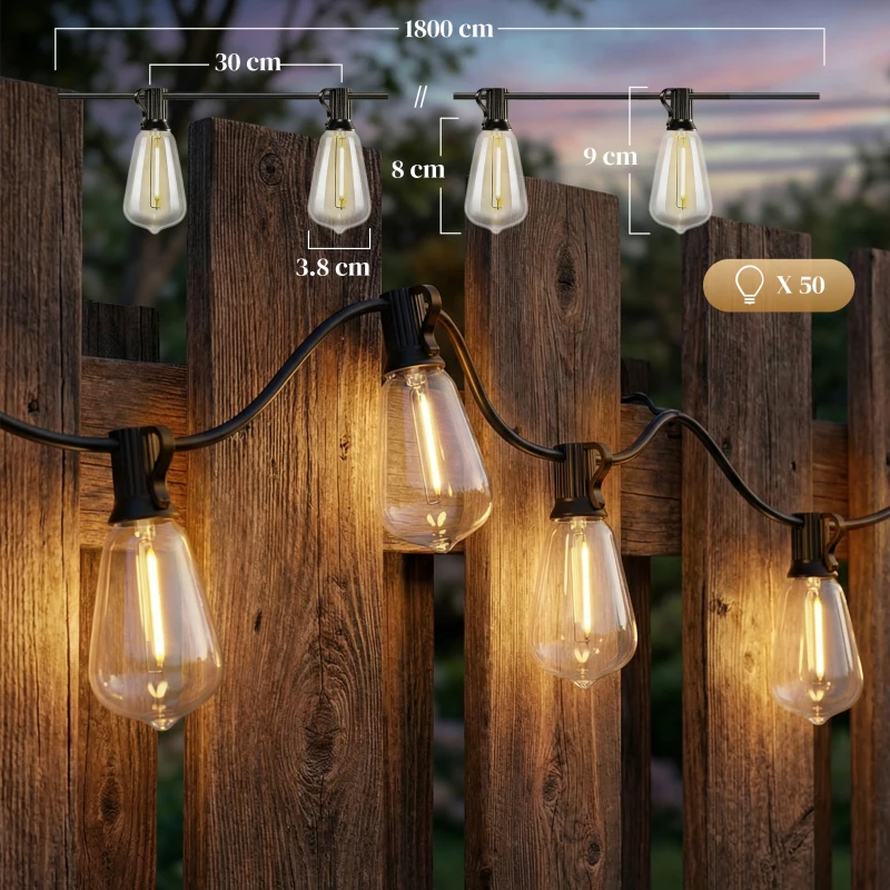 HOMCOM Ghirlandă Luminoasă de Exterior cu 50 de Luminite LED IP44, din PET și Plastic, 18x0.38x0.09 m, Negru și Transparent