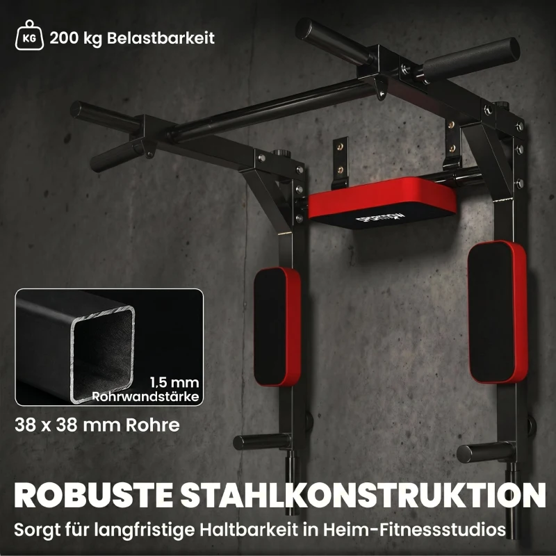 SPORTNOW Wand-Klimmzugstange, 2-in-1 Profi-Klimmzug- und Dipstation für das Heimtraining, bis 200 kg, Rot