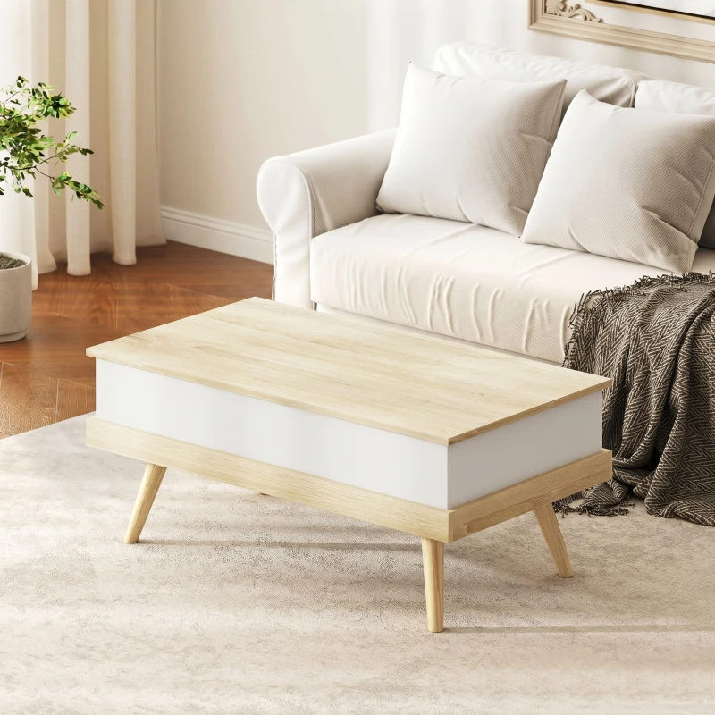 HOMCOM Table Basse Relevable avec 3 Compartiments Cachés, Table de Salon Moderne, Pieds en Bois, 100x79x54cm, Naturel Blanc