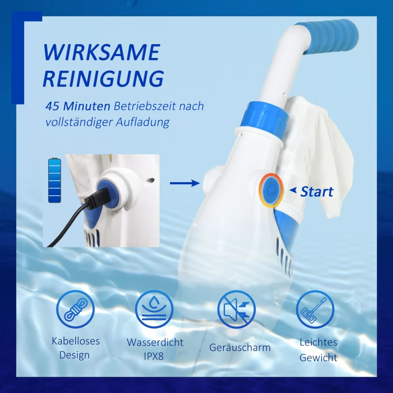 Outsunny elektrischer Poolsauger mit Akku Filter Poolreiniger Pool Handsauger Bodensauger Blau+Weiß 65 x 20 x 17 cm