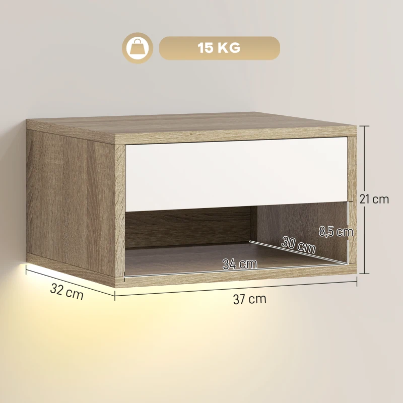 HOMCOM Lot de 2 tables de chevet suspendues avec éclairage LED RGB contrôle par application, étagère, tiroir, 37x32x21cm, teck