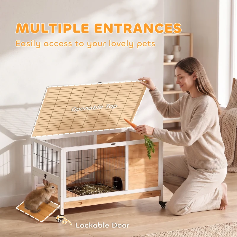PawHut Wooden Guinea Pig Hutch, 2-Floor Bunny Cage w/ Enclosed Run Area, Yellow