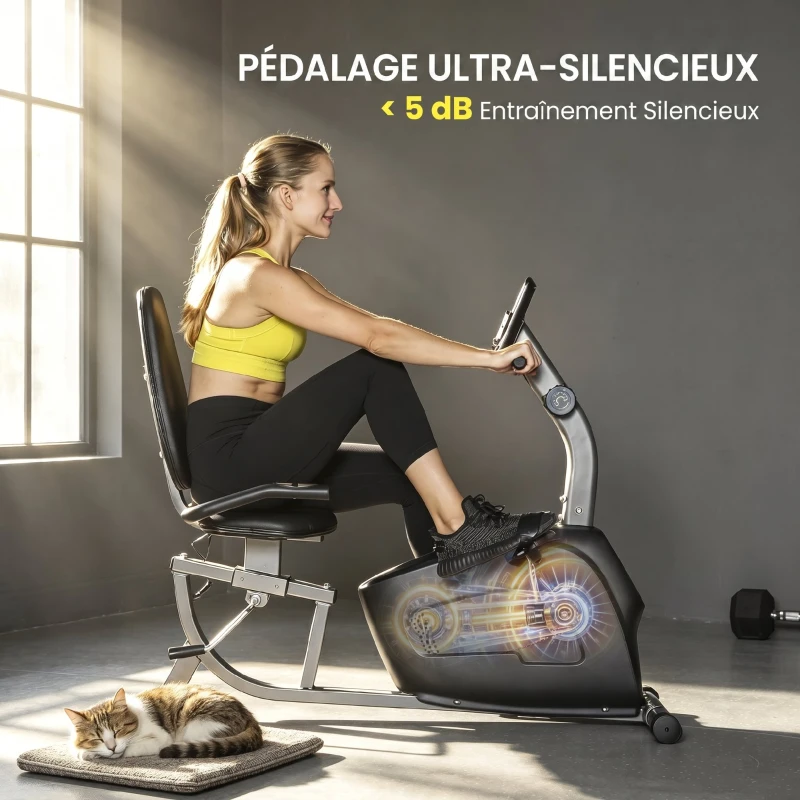 SPORTNOW Vélo d'Appartement Semi-Allongé avec Roues, Résistance Magnétique et Siège Réglable, 132x62x100cm, Noir