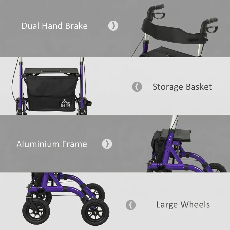 HOMCOM Folding Adjustable Rollator with Dual Brakes & 6 Adjustable Handle Heights for Seniors Purple