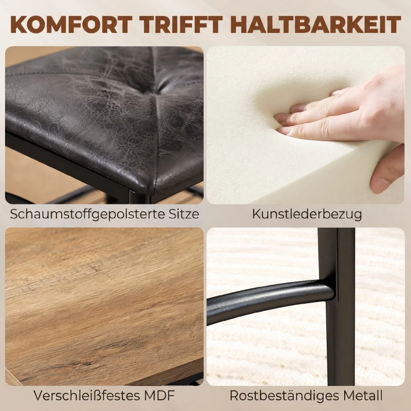 HOMCOM 4-delig eethoekset, industriële keukentafel met 2 stoelen en bank voor 4 personen, gestoffeerde PU-lederen zitplaatsen, bruin