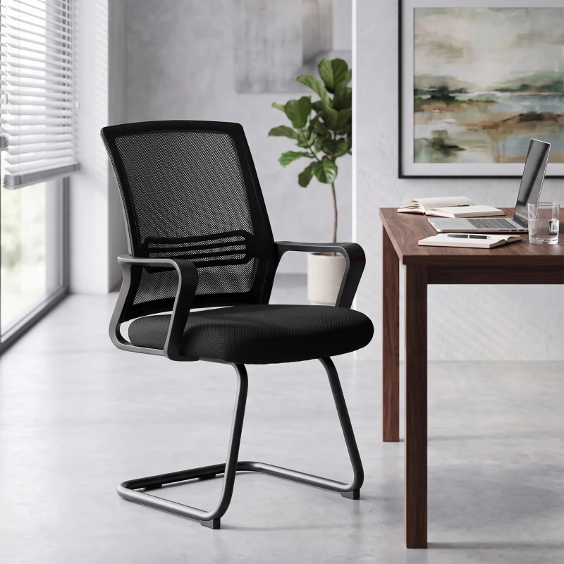 HOMCOM Set de 2 scaune ergonomice pentru birou fără roți, scaune de conferință tapițate cu cadru tip sanie pentru sala de așteptare și recepție, Negru