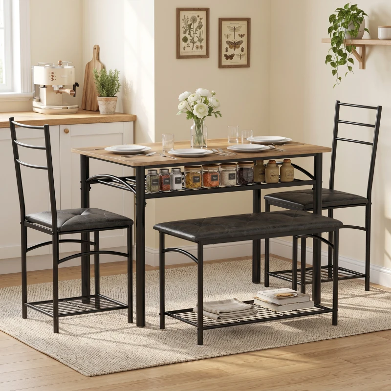 HOMCOM Set de dining 4 piese, masă de bucătărie în stil industrial cu 2 scaune și bancă pentru 4 persoane, scaune tapițate cu piele PU, maro