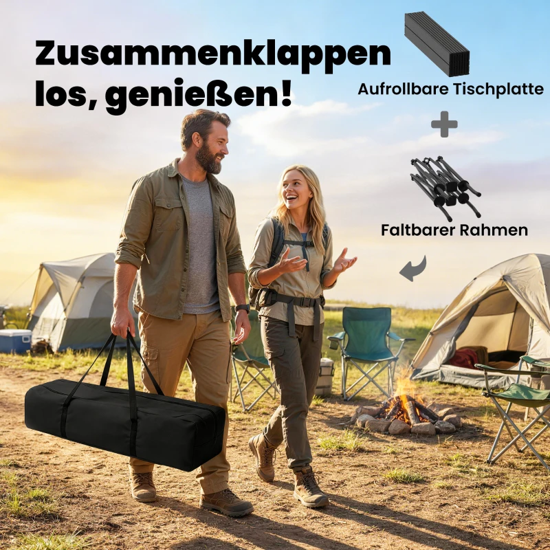 Outsunny Klappbarer Rollbarer Picknicktisch Tragbarer Campingtisch mit Netzablage und Tragetasche für den Außenbereich, Schwarz