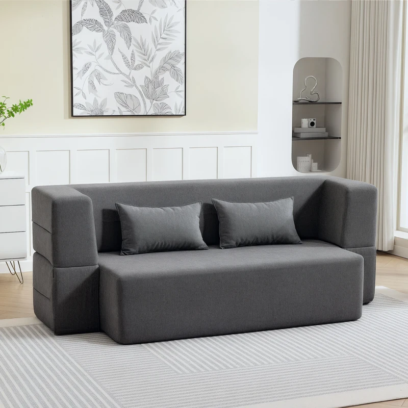 HOMCOM 2-Sitzer-Schlafsofa aus Schaumstoff, Schlafcouch mit breiten Armlehnen, 2 Kissen, 360 kg Belastbarkeit, Grau
