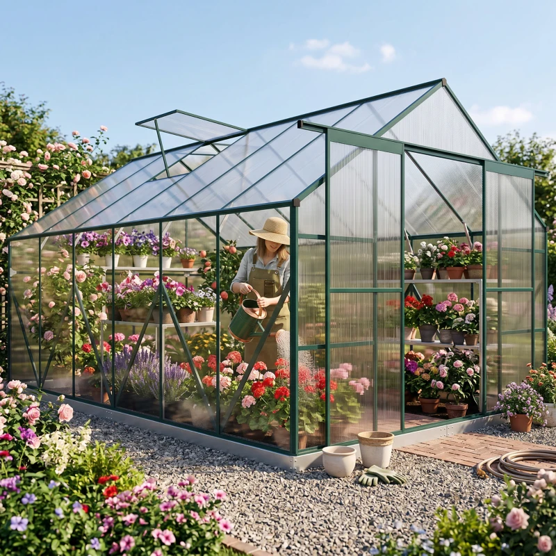 Outsunny 8 x 12ft Aluminium Greenhouse Polycarbonate Walk in Garden Greenhouse Kit with Adjustable Roof Vent, Double Sliding Door, Rain Gutter and Foundation, Clear