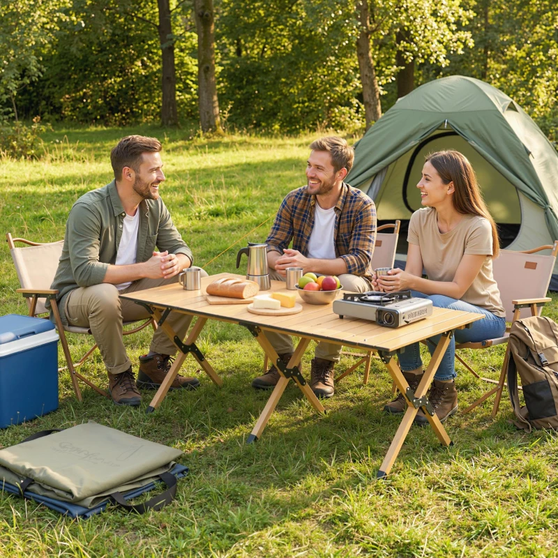 Outsunny Campingtisch 117 x 60 cm Aluminium Klapptisch mit Aufrollbare Tischplatte Holz-Optik Tragetasche wasserdicht