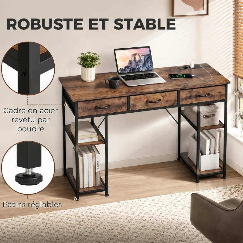 HOMCOM Bureau avec rangement avec prises de courant, 3 tiroirs en tissu et 4 étagères de rangement, 120 x 40 x 76 cm, marron