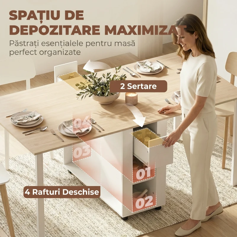 HOMCOM Masă Pliabilă pentru 6 Persoane cu 2 Sertare și 4 Rafturi, Natura