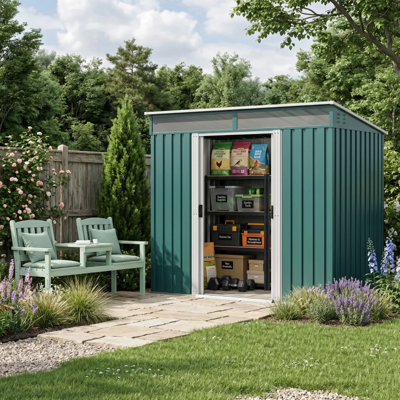 Outsunny 6.5 x 4FT Galvanised Metal Shed with Foundation Kit, Lockable Tool Garden Shed with Double Sliding Doors, Vents, Green