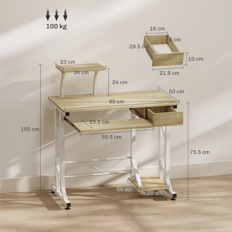 HOMCOM Masă de birou Masă de studiu cu tavă pentru tastatură și sertar Masă pentru calculator pentru birou 90x50x100 cm Stejar