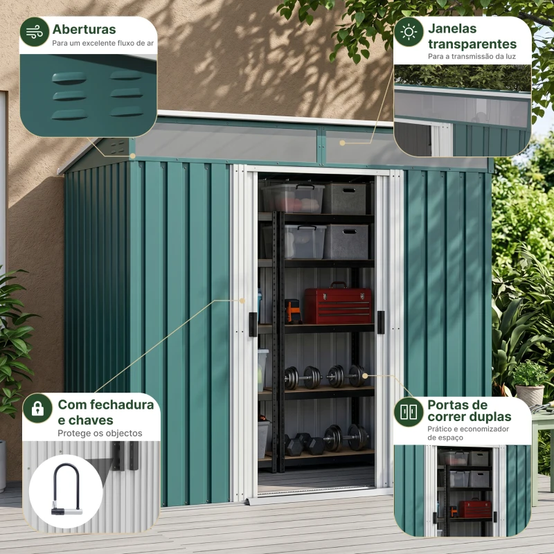 Outsunny 6.5 x 4FT Galvanised Metal Shed with Foundation Kit, Lockable Tool Garden Shed with Double Sliding Doors, Vents, Green