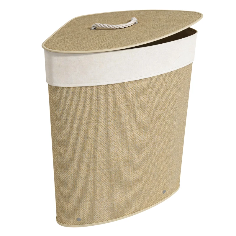 HOMCOM Wäschekorb im Eckdesign, Bambusgeflecht, 55 Liter, Stoffbeutel, Metallrahmen, Creme