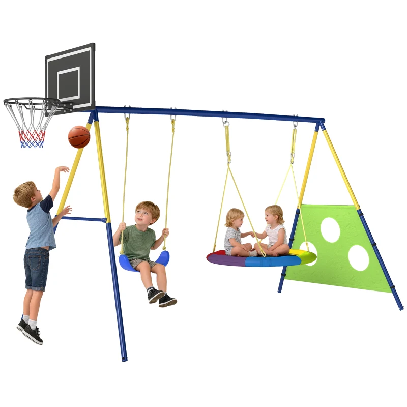 AIYAPLAY Schaukelgestell 4-in-1 Schaukel-Set bis 150 kg mit Nestschaukel Basketballkorb Fußballtor U-Schaukel 288 x 160 x 220 cm