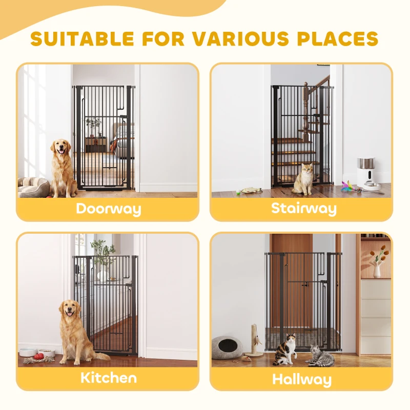 PawHut 135cm Tall Pet Gate with Cat Door, 81-108 cm Wide Adjustable Pressure Mounted for Doorways, Hallways, No Drilling, Black