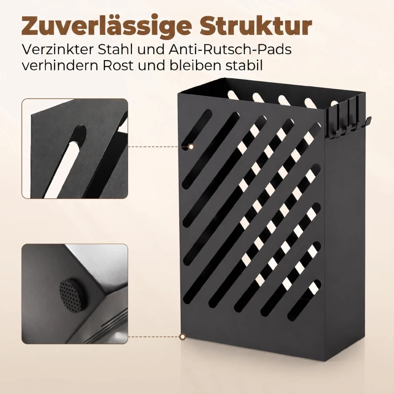 HOMCOM Parapluhouder met opvangschaal, 4 haken, staal, 28L x 14B x 41H cm, zwart