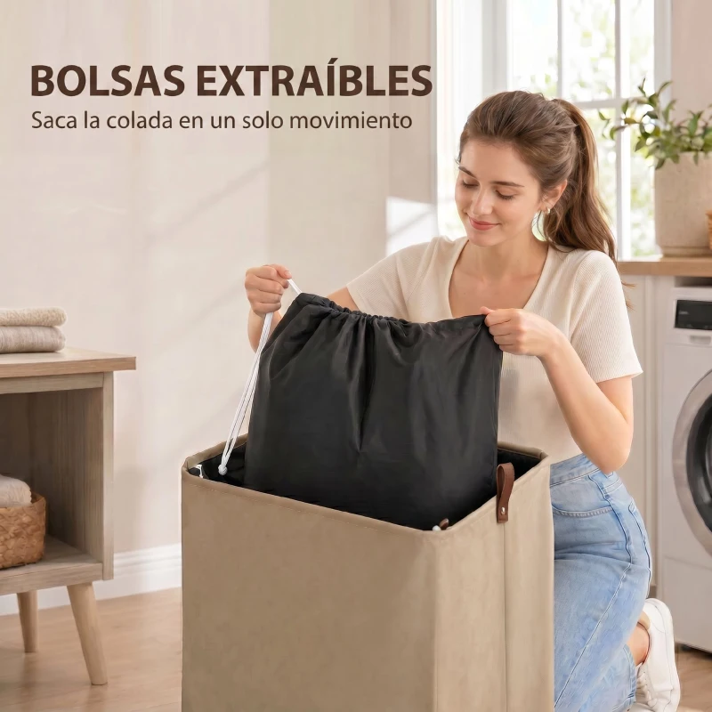 HOMCOM Cesto de Ropa Sucia con Tapa y Ruedas 50L Cesta de Ropa Sucia Plegable con Bolsa con Cordón Extraíble 40x30x65 cm Camel