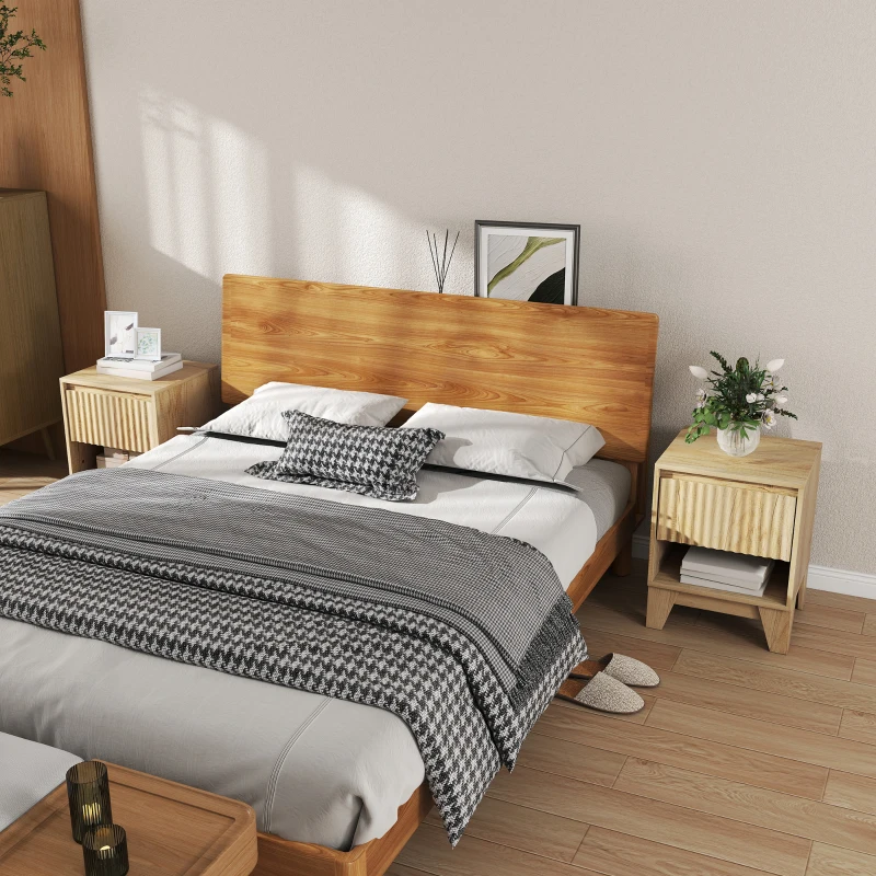 HOMCOM Lot de 2 tables de chevet étroite, table d'appoint compartiment ouvert 1 tiroir, panneaux cannelés 43x40x55cm naturel