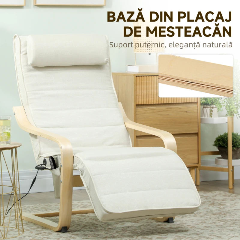 HOMCOM Fotoliu de Relaxare Încălzit și cu Masaj, cu Suport pentru Picioare Reglabil și Telecomandă, 67x95x101 cm, Crem