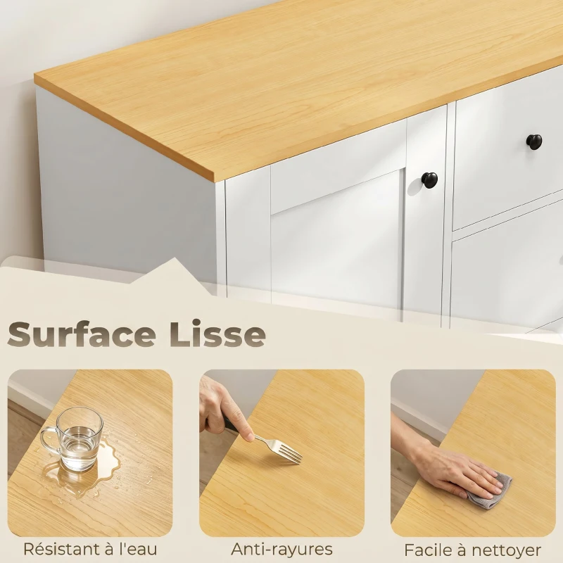 HOMCOM Buffet Cuisine, Meuble de Rangement avec 5 Tiroirs et Porte, Style Rustique, 100 x 40 x 94 cm, Blanc