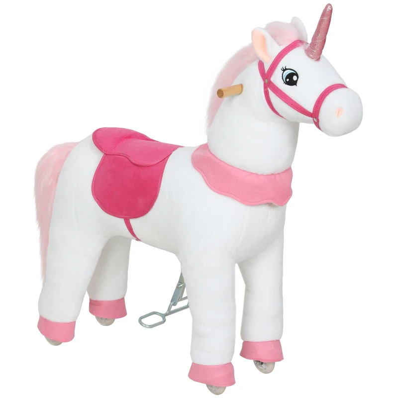 AIYAPLAY Reitpferd für Kinder, Einhorn-Design, Stoffbezug, stabiler Rahmen, sanfte Räder, Schaukelpferd, 3-5 Jahre, Weiß
