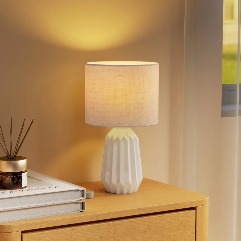 HOMCOM Lampe de Table avec Base en Céramique et Abat-Jour en Lin, Lampe de Chevet avec Interrupteur, Culot E27, Blanc et Beige