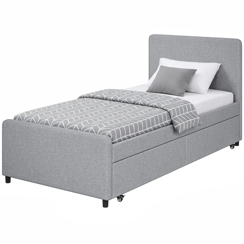 HOMCOM Cama Nido Individual 90x190 cm Estructura de Cama Tapizada en Lino con Cabecero y Piecero Listones de Madera Gris Claro