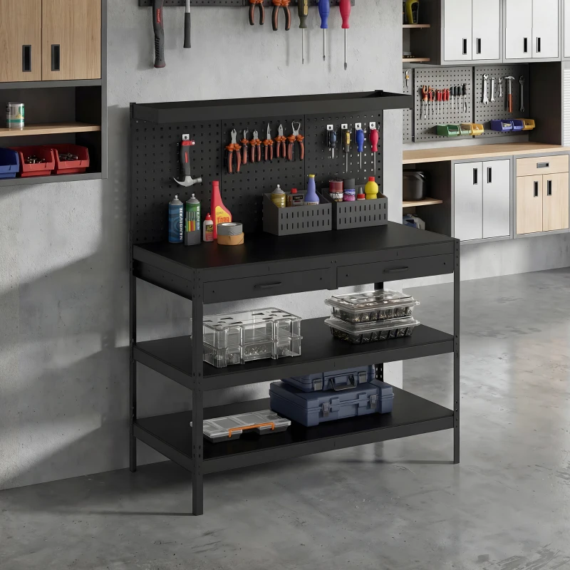 HOMCOM Werkbank mit verstellbaren Regalen, robuste Arbeitsstation mit Lochwand und 2 Schubladen, 122 x 61 x 156 cm, Schwarz