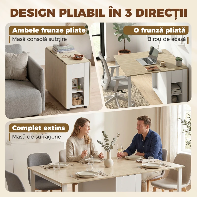 HOMCOM Masă Pliabilă pentru 6 Persoane cu 2 Sertare și 4 Rafturi, Natura
