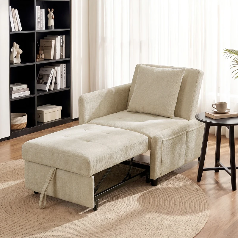 HOMCOM Sillón convertible 1 plaza, sillón cama clic-clac 4 en 1 tapizado en chenilla, respaldo ajustable, asiento amplio, beige