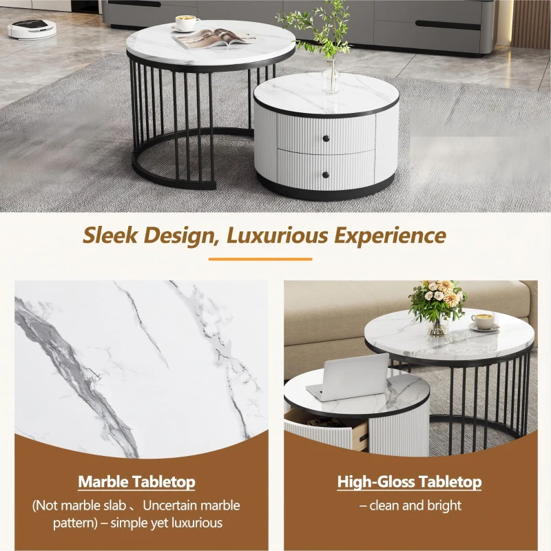High Gloss Nesting Coffee Table with Marble Pattern Top, Storage Drawers, Modern Round Side Tables for Living Room, White+Black