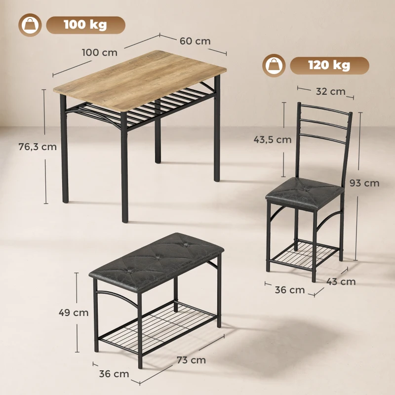 HOMCOM 4-delig eethoekset, industriële keukentafel met 2 stoelen en bank voor 4 personen, gestoffeerde PU-lederen zitplaatsen, bruin