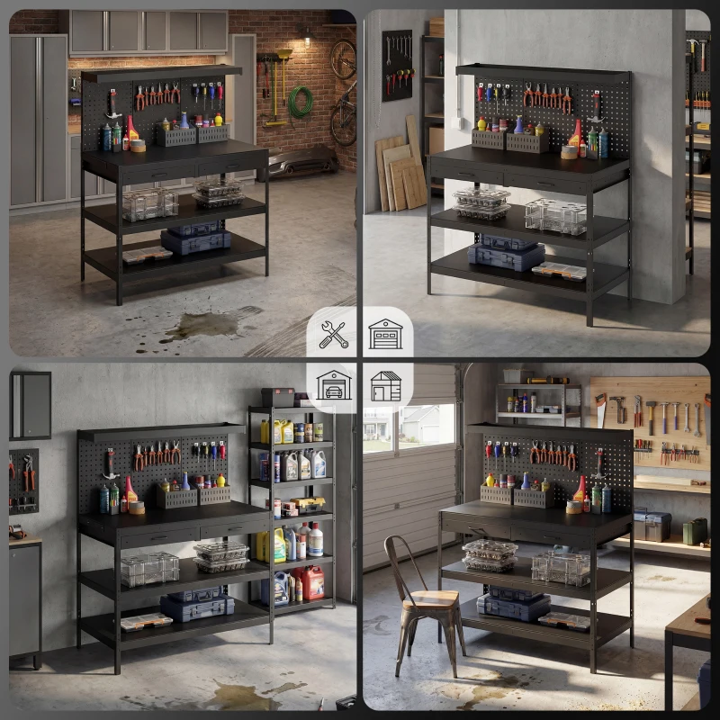 HOMCOM Werkbank mit verstellbaren Regalen, robuste Arbeitsstation mit Lochwand und 2 Schubladen, 122 x 61 x 156 cm, Schwarz