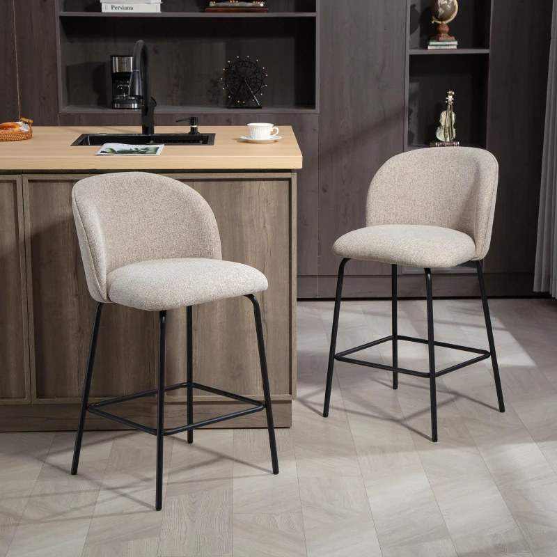 HOMCOM Set 2 Sgabelli da Bar con Schienale e Poggiapiedi, Rivestimento in Tessuto e Gambe in Acciaio, Grigio