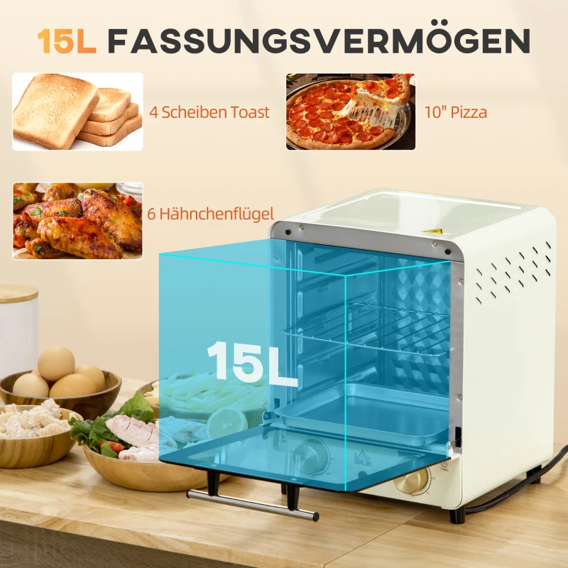 HOMCOM mini-oven 15L, pizzaoven, 1000 W elektrische mini-oven inclusief bakplaatset, kruimelbak, 1 uur Timer, 60-230 ℃, crèmewit