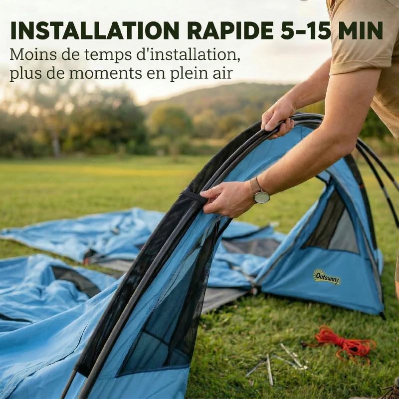 Outsunny Grande Tente Tunnel Camping 4 Personnes 3-4 Saisons Hauteur d'Homme 2 m Séjour XL 3,7 m Imperméable 3000mm Bleu